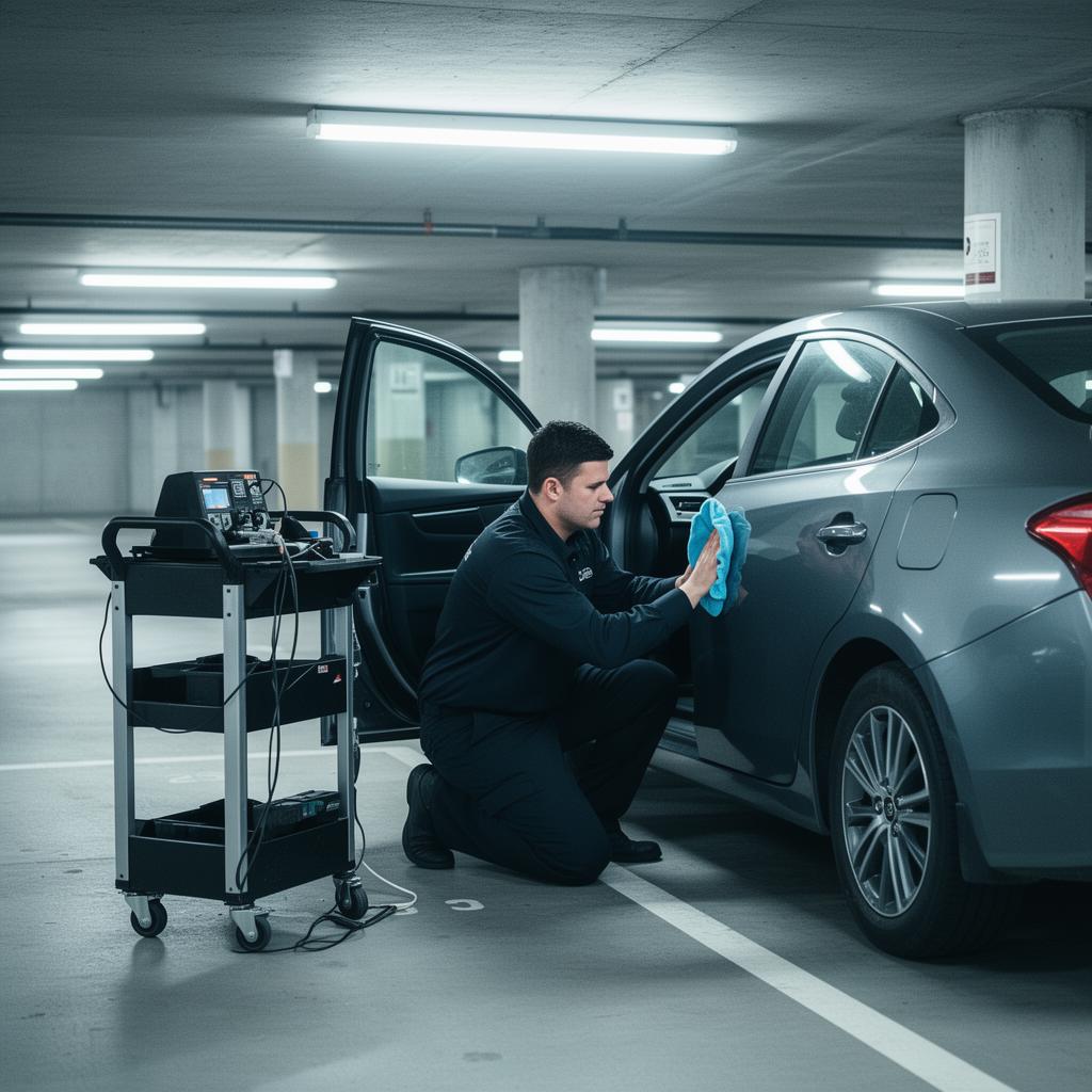 Reforium detailer cleaning a vehicle in a Toronto condo underground parking garage